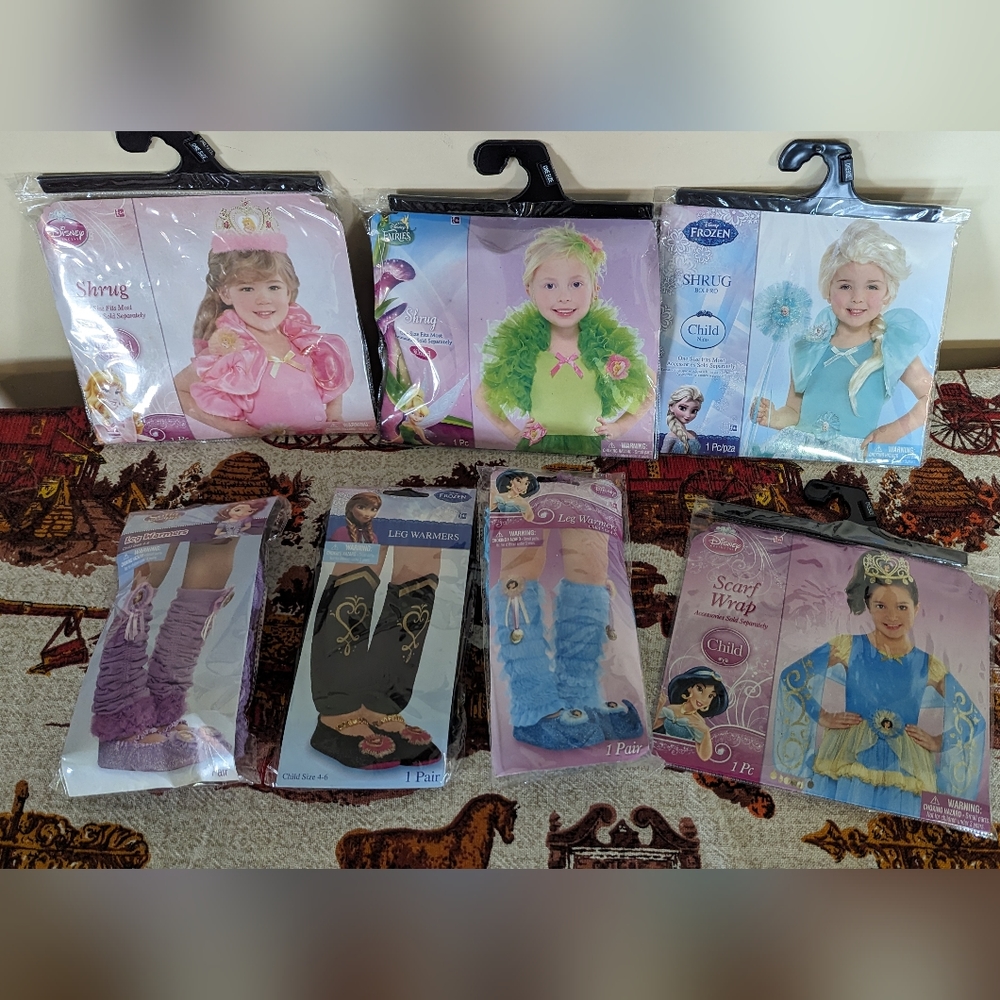 Disney 3x shrugs, 1 scarf wrap and 3 Leg warmers size 4-6 all brand new